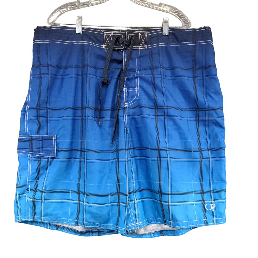 Ocean Pacific Mens Board Shorts Blue Check Pattern Size XL 40-42